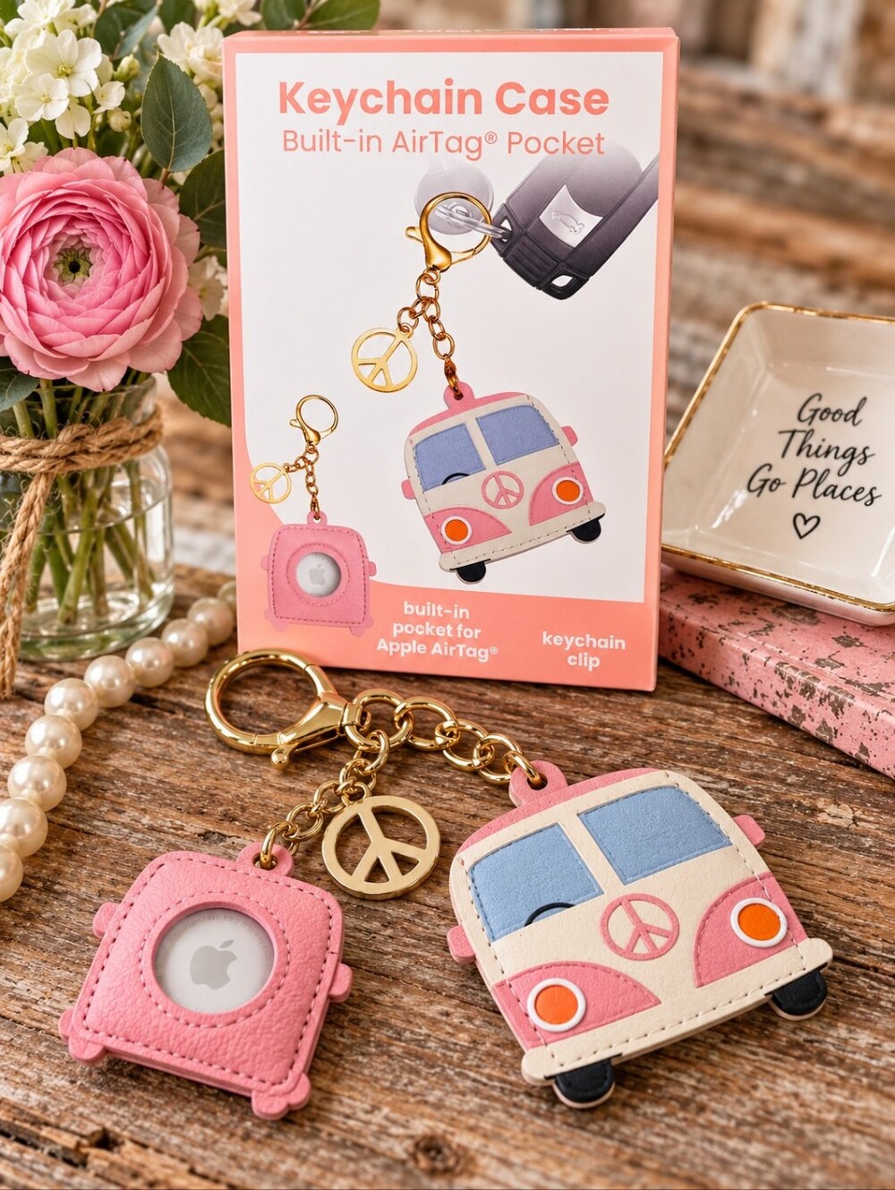 Retro VW Bus AirTag Keychain Case Pink Peace Sign Gold Clip NIB
